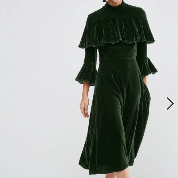 ASOS Trumpet Sleeve Velvet Midi Dress Green - Picture 1 of 10